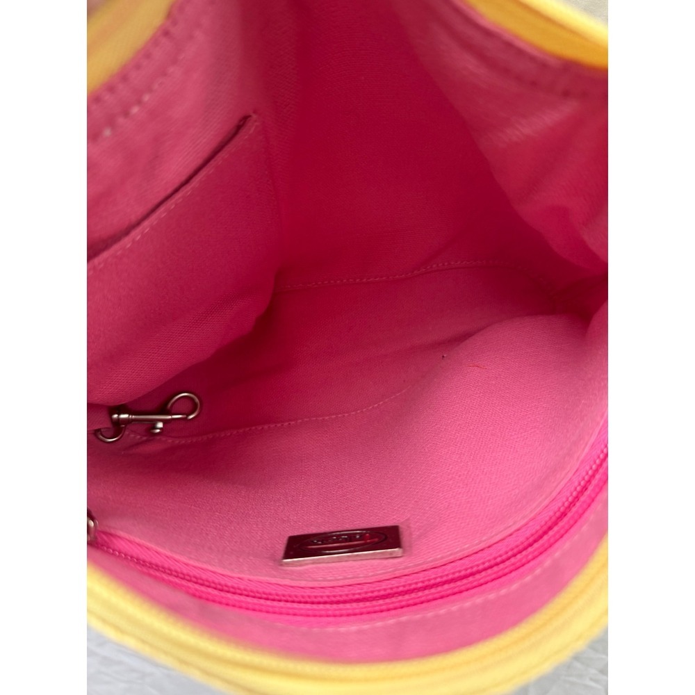 Talbots Yellow Woven Straw Shoulder Bag Pink Lining Bamboo Zip Pull Small - Picture 5 of 7
